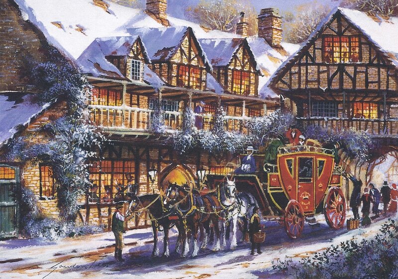 Horse-drawn Carriage in Snow — Red, Festive, Winter