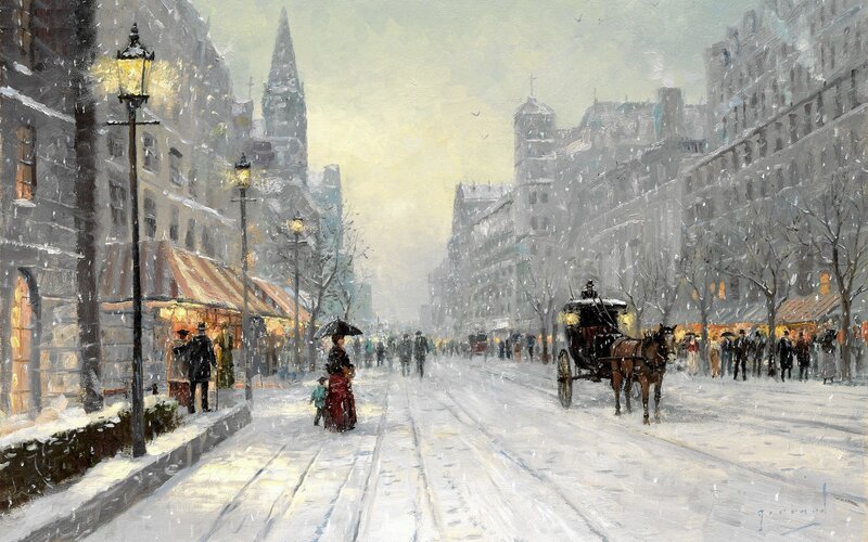 Horse-drawn Carriage in Snow — White, Cold, Winter, Painting, People, Buildings, Street Lamps