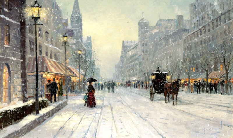 Horse-drawn Carriage in Snow — White, Cold, Winter, Painting