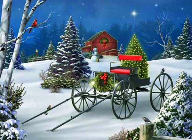 Horse-drawn Carriage in Snow — White, Peaceful, Night, Digital Art