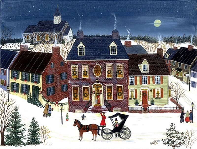 Horse-drawn Carriage in Snow — White, Peaceful, Night, Illustration
