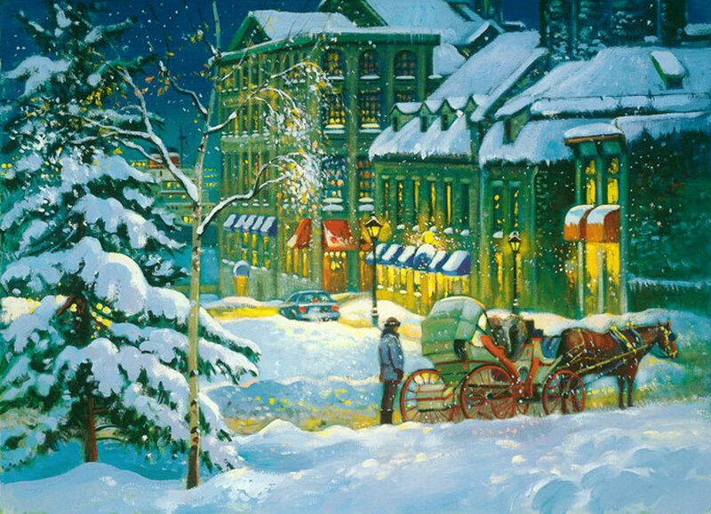 Horse-drawn Carriage in Snow — White, Peaceful, Night, Painting, Snowy Street