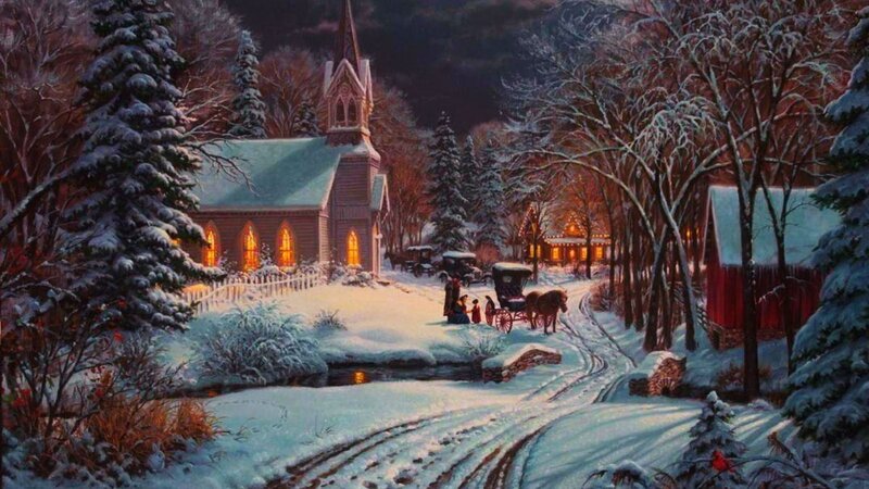 Horse-drawn Carriage in Snow — White, Peaceful, Night, Painting