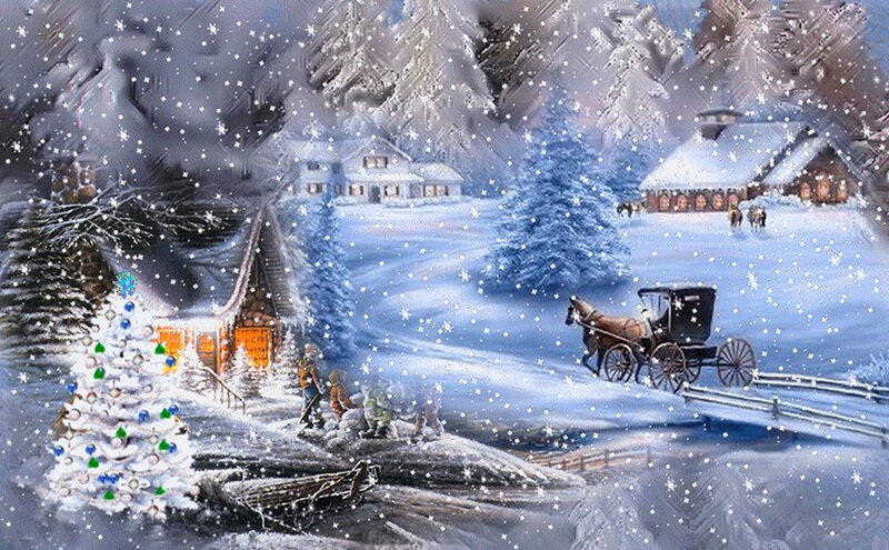 Horse-drawn Carriage in Snow — White, Peaceful, Winter, Digital Art