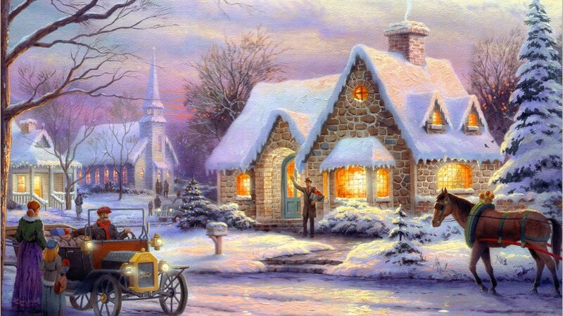 Horse-drawn Carriage in Snow — White, Peaceful, Winter, Painting, House, Church, Tree