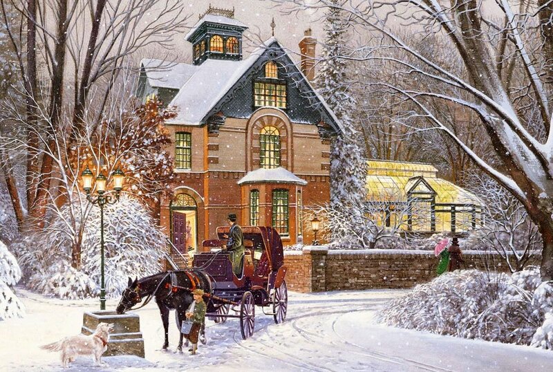 Horse-drawn Carriage in Snow — White, Peaceful, Winter, Painting, House, Trees