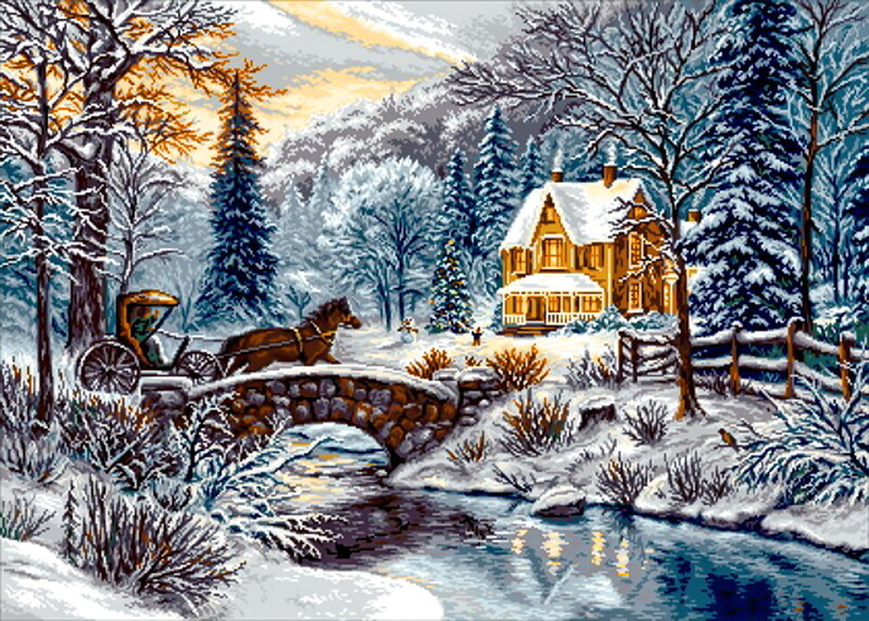 Horse-drawn Carriage in Snow — White, Serene, Winter, Illustration