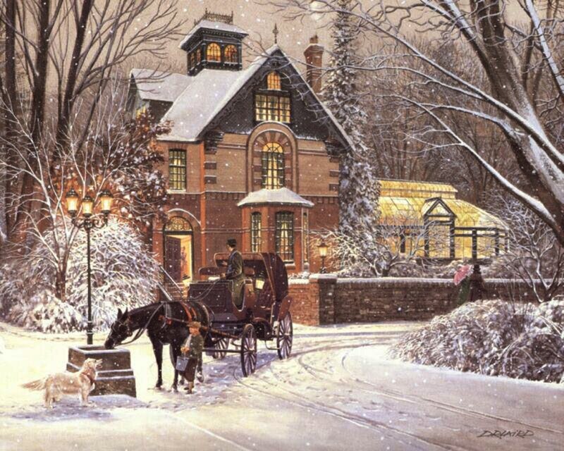 Horse-drawn Carriage in Snow — White, Serene, Winter, Painting, Dog