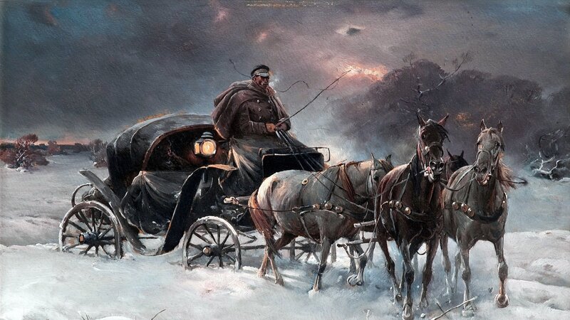 Horse-drawn carriage in snowstorm