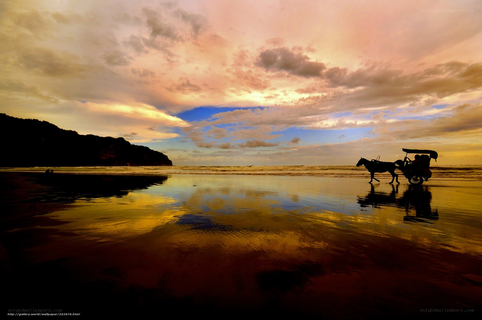 Horse-drawn carriage on beach at sunset