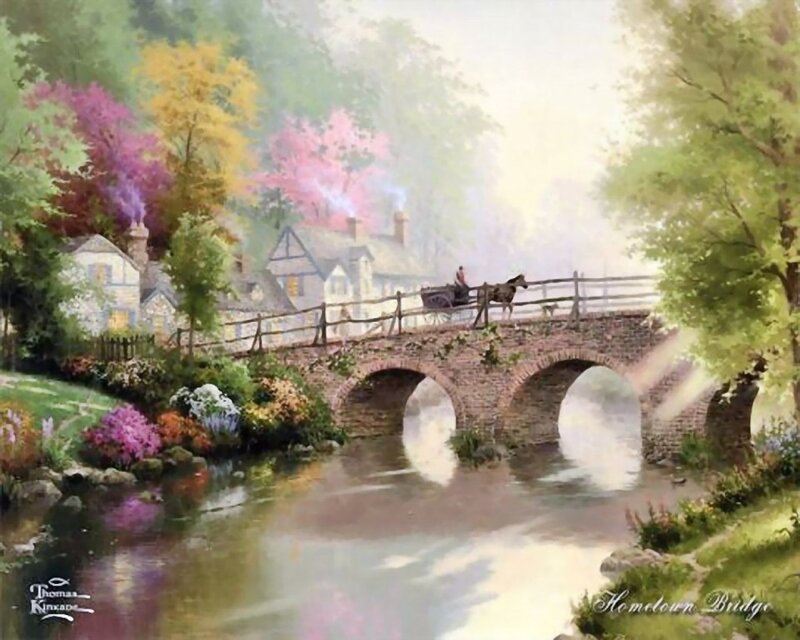 Horse-drawn Carriage on Bridge — Green, Serene, Morning