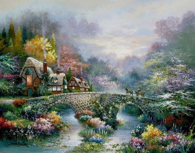 Horse-drawn Carriage on Bridge — Green, Serene, Spring