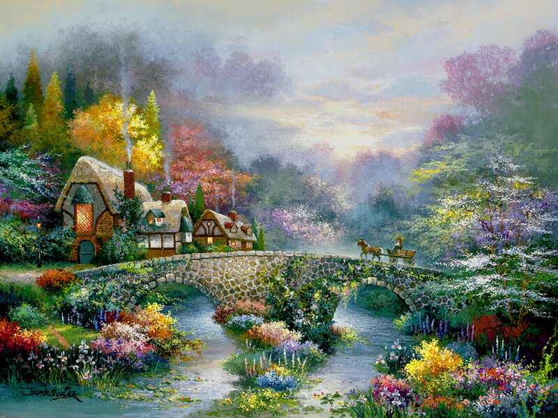 Horse-drawn Carriage on Bridge — Green, Serene, Sunset