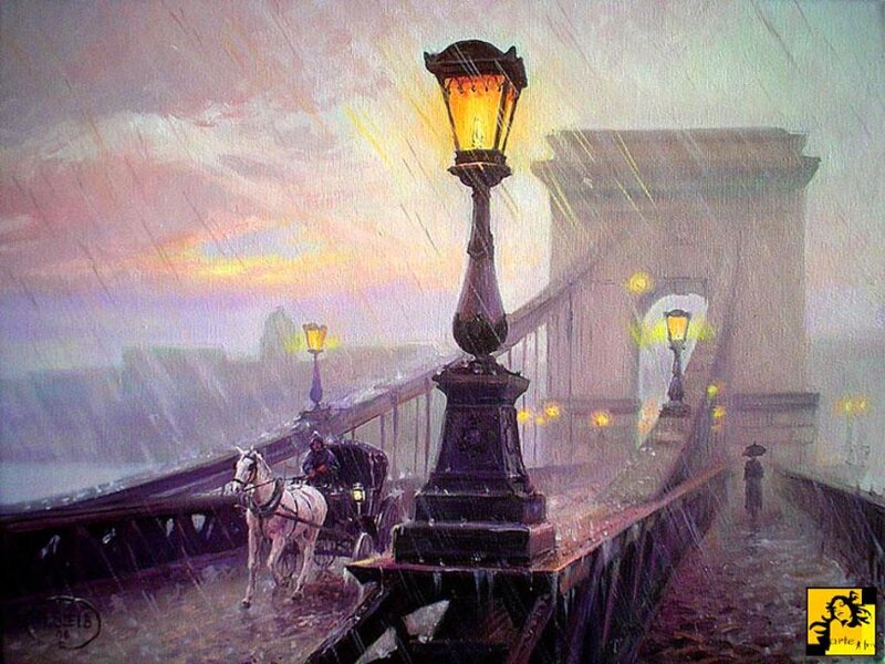 Horse-drawn Carriage on Bridge — Purple, Dramatic