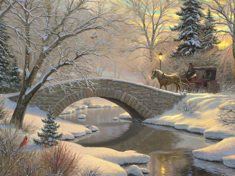 Horse-drawn Carriage on Bridge — White, Serene