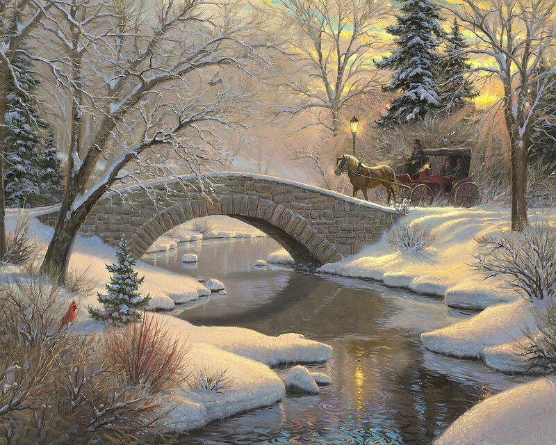 Horse-drawn Carriage on Bridge — White, Serene, Winter, Painting, River