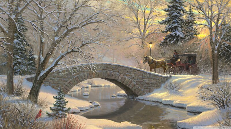 Horse-drawn Carriage on Bridge — White, Serene, Winter, Painting, Snow