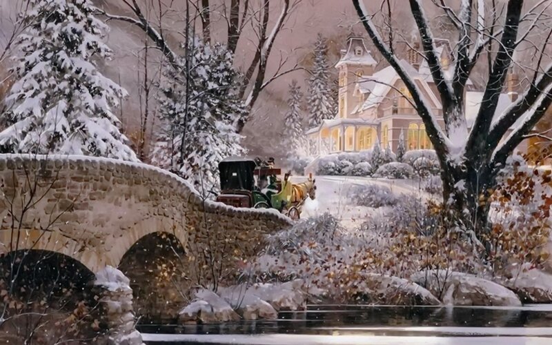 Horse-drawn Carriage on Bridge — White, Serene, Winter, Painting
