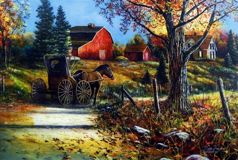 Horse-drawn Carriage — Red, Serene, Autumn, Painting, Barn