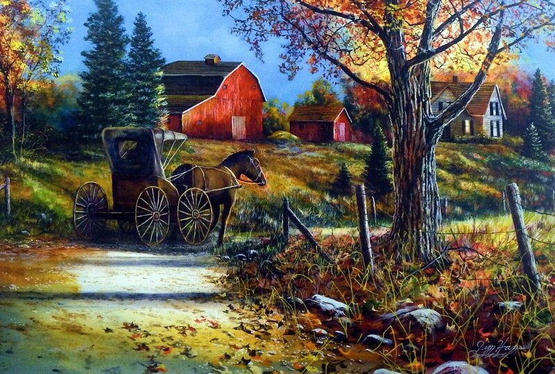 Horse-drawn Carriage — Red, Serene, Autumn, Painting