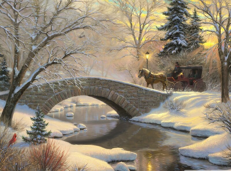 Horse-drawn Carriage — White, Serene, Winter, Painting, Bridge, River
