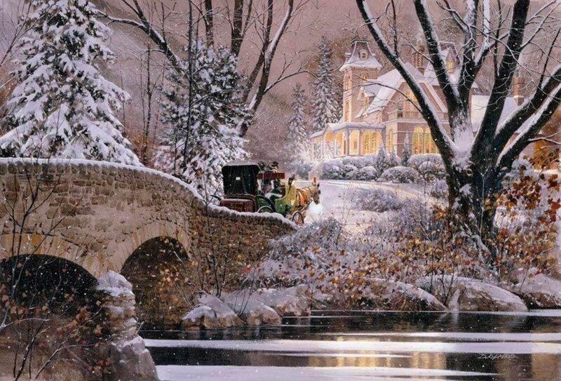 Horse-drawn Carriage — White, Serene, Winter, Painting, House, Bridge