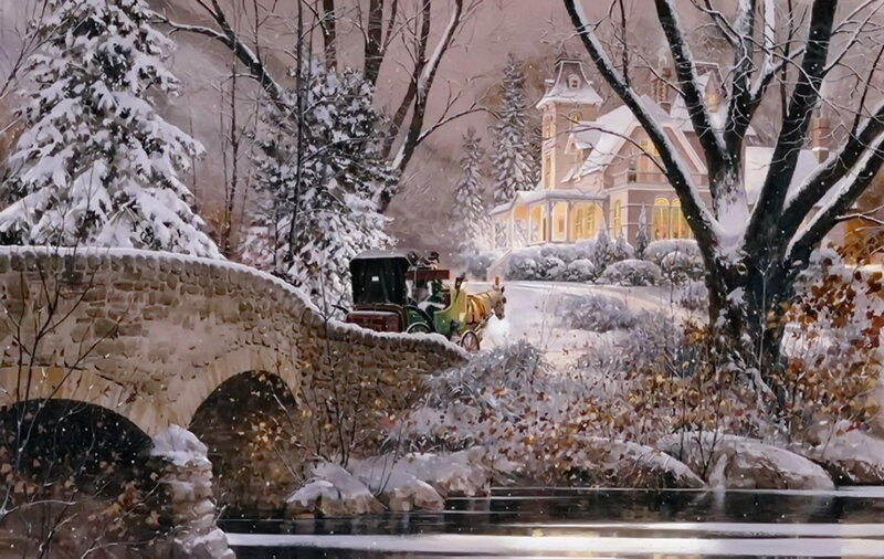 Horse-drawn Carriage — White, Serene, Winter, Painting, House