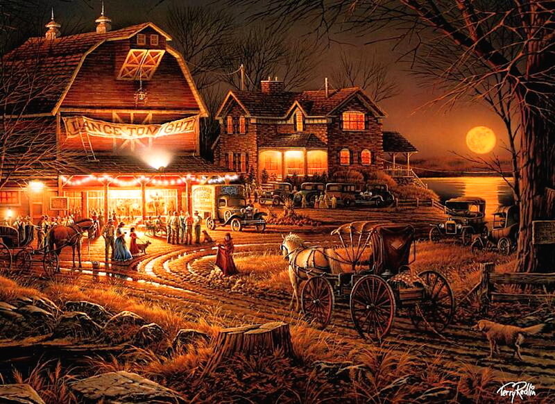 Horse-drawn Carriages at Night — Orange