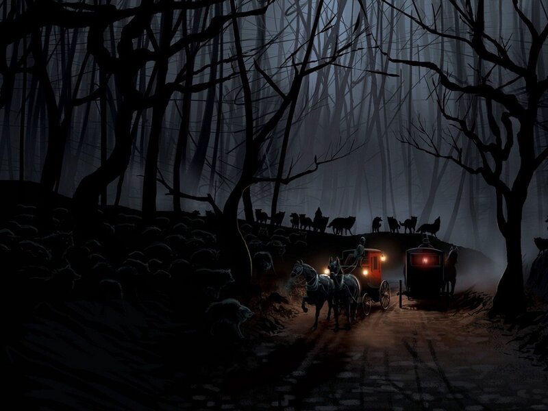 Horse-drawn Carriages in Forest — Black, Dark