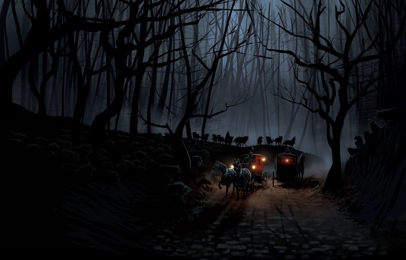 Horse-drawn Carriages in Forest