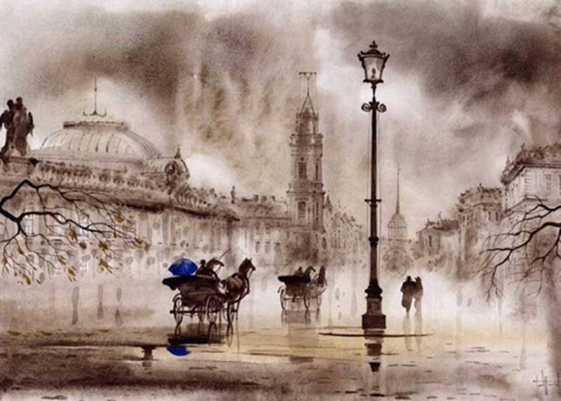 Horse-drawn Carriages in Rain — Brown