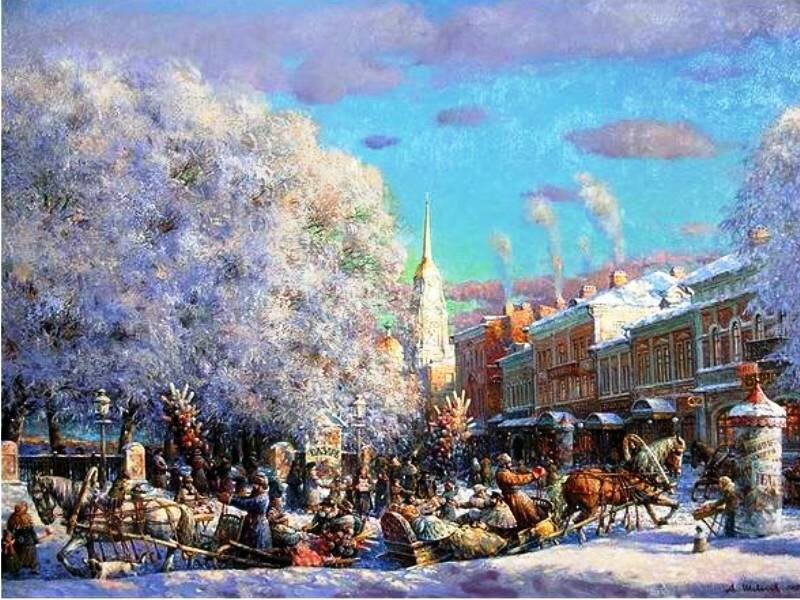 Horse-drawn Carriages in Snow — Blue