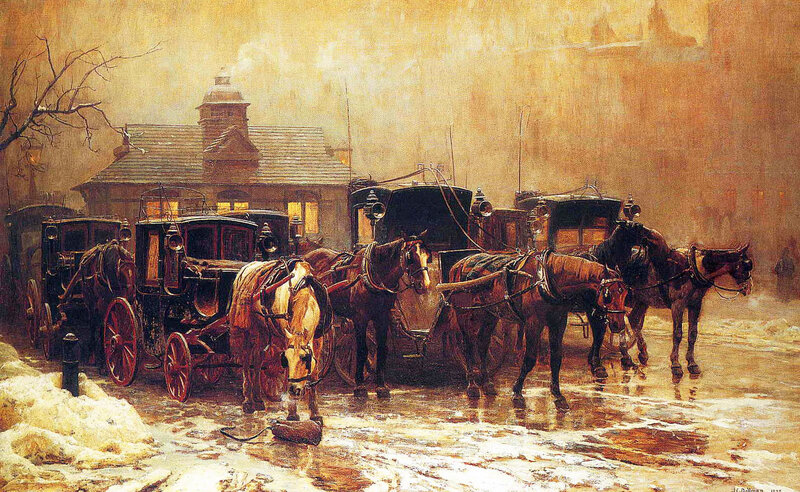 Horse-drawn Carriages in Snow — Brown