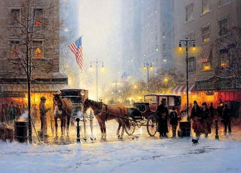 Horse-drawn Carriages in Snow — White, Busy