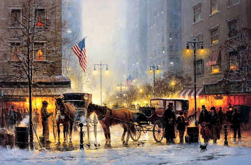 Horse-drawn Carriages in Snow — White, Busy, Winter
