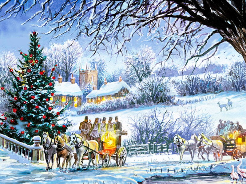 Horse-drawn Carriages in Snow — White, Peaceful