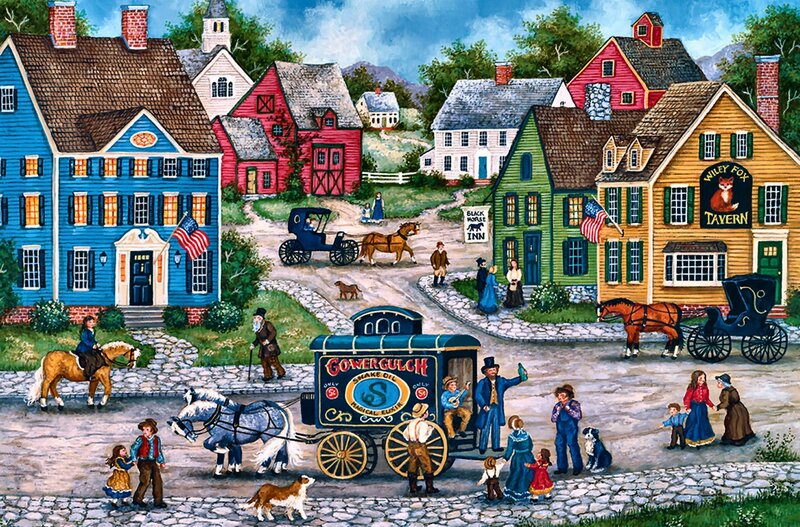 Horse-drawn Carriages in Town — Blue