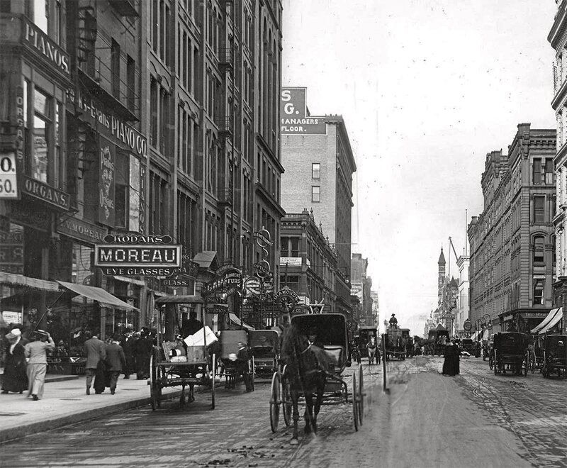 Horse-drawn Carriages on Street — Black, Busy, Afternoon