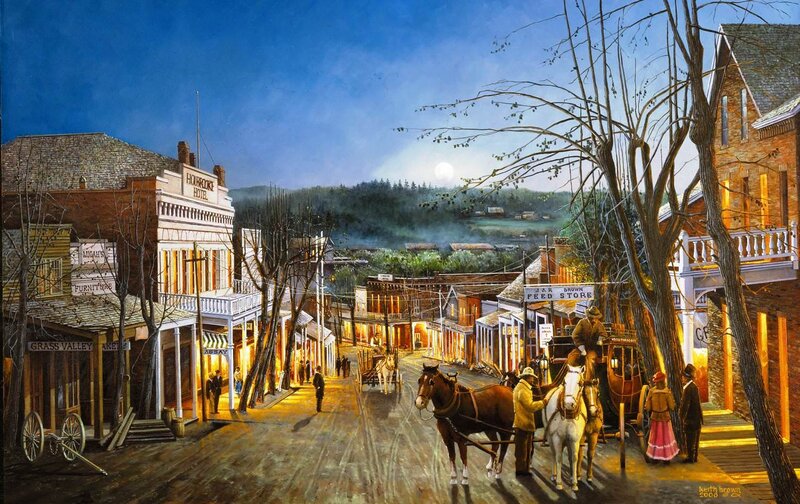 Horse-drawn Carriages on Street — Blue