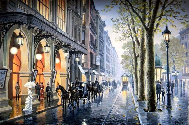 Horse-drawn Carriages on Street — Gray, Serene