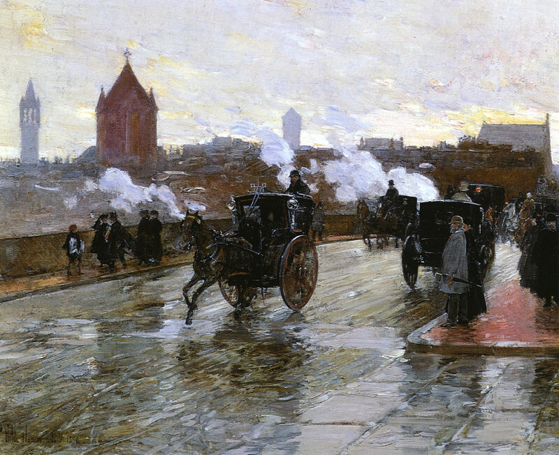 Horse-drawn Carriages on Street — Gray