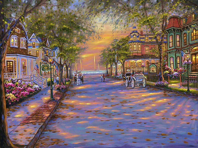 Horse-drawn Carriages on Street — Purple