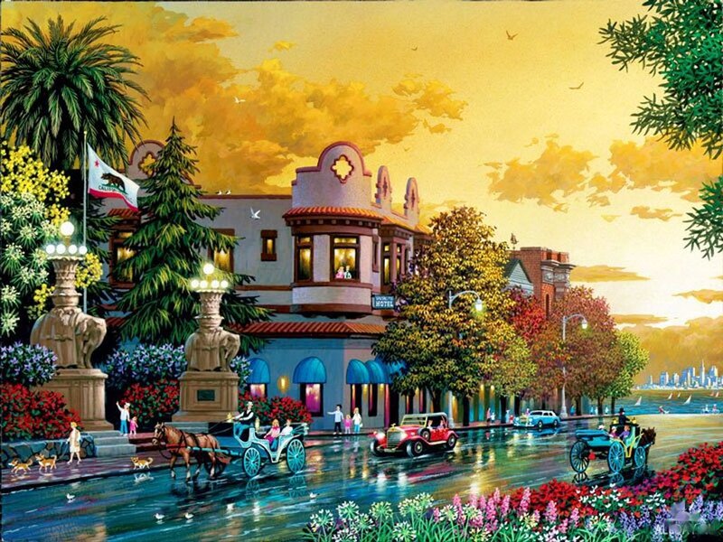Horse-drawn Carriages on Street — Yellow, Serene, Sunset, Illustration