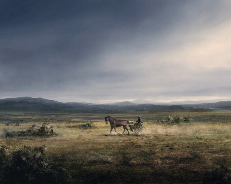Horse-drawn cart in a vast field