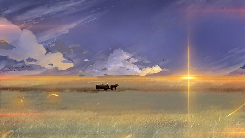 Horse-drawn Cart in Field — Purple
