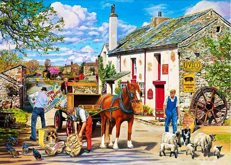 Horse-drawn Cart in Village — Blue