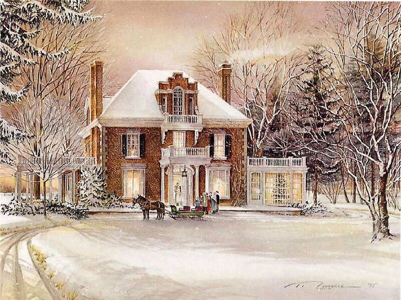 Horse-drawn Sleigh at House — White