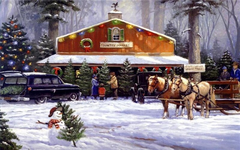Horse-drawn Sleigh at Market — White