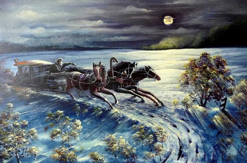 Horse-drawn Sleigh at Night — Blue, Dramatic