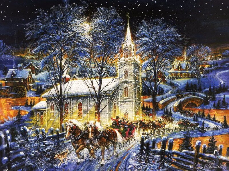 Horse-drawn Sleigh at Night — Blue, Festive